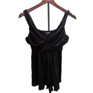 (NWOT) Express Ruched Knot Wrap V-Neck Babydoll Tank Top | Black Sleeveless – XS